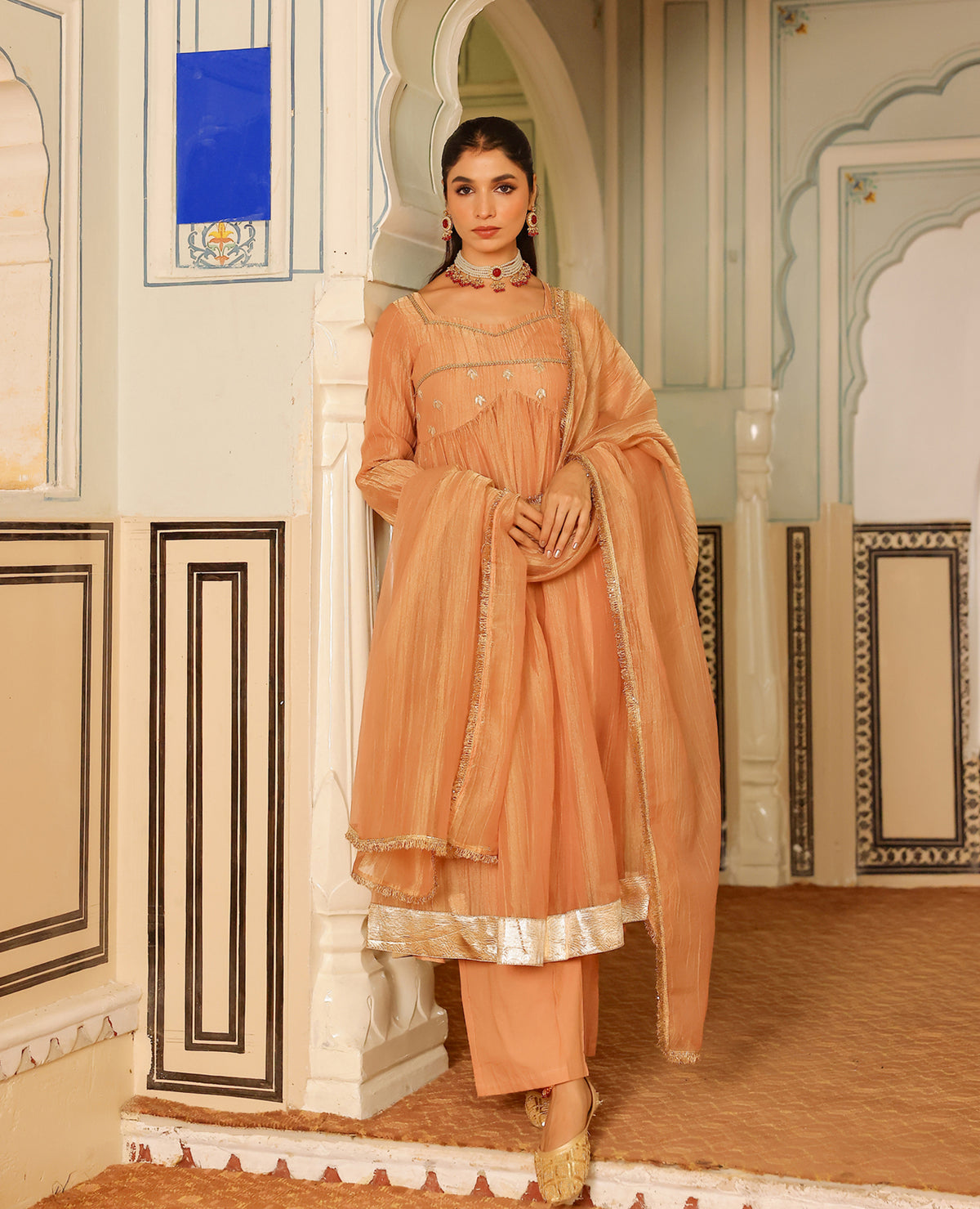 Avika Peach Tissue Suit Set
