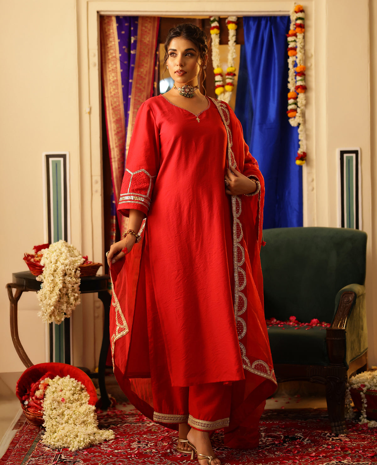 Parcha Red Chanderi Suit Set