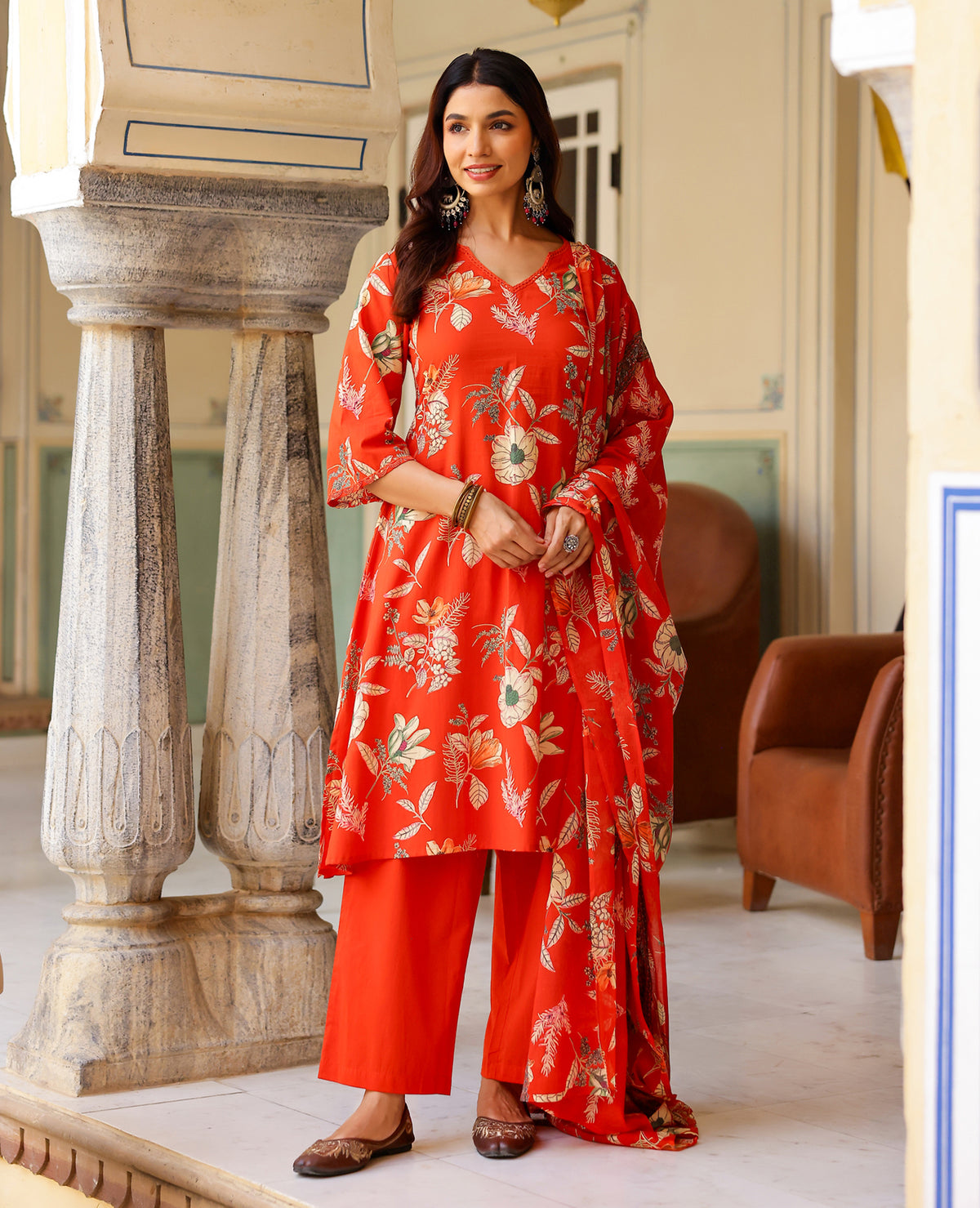 Rumi Orange Printed Cotton Suit Set