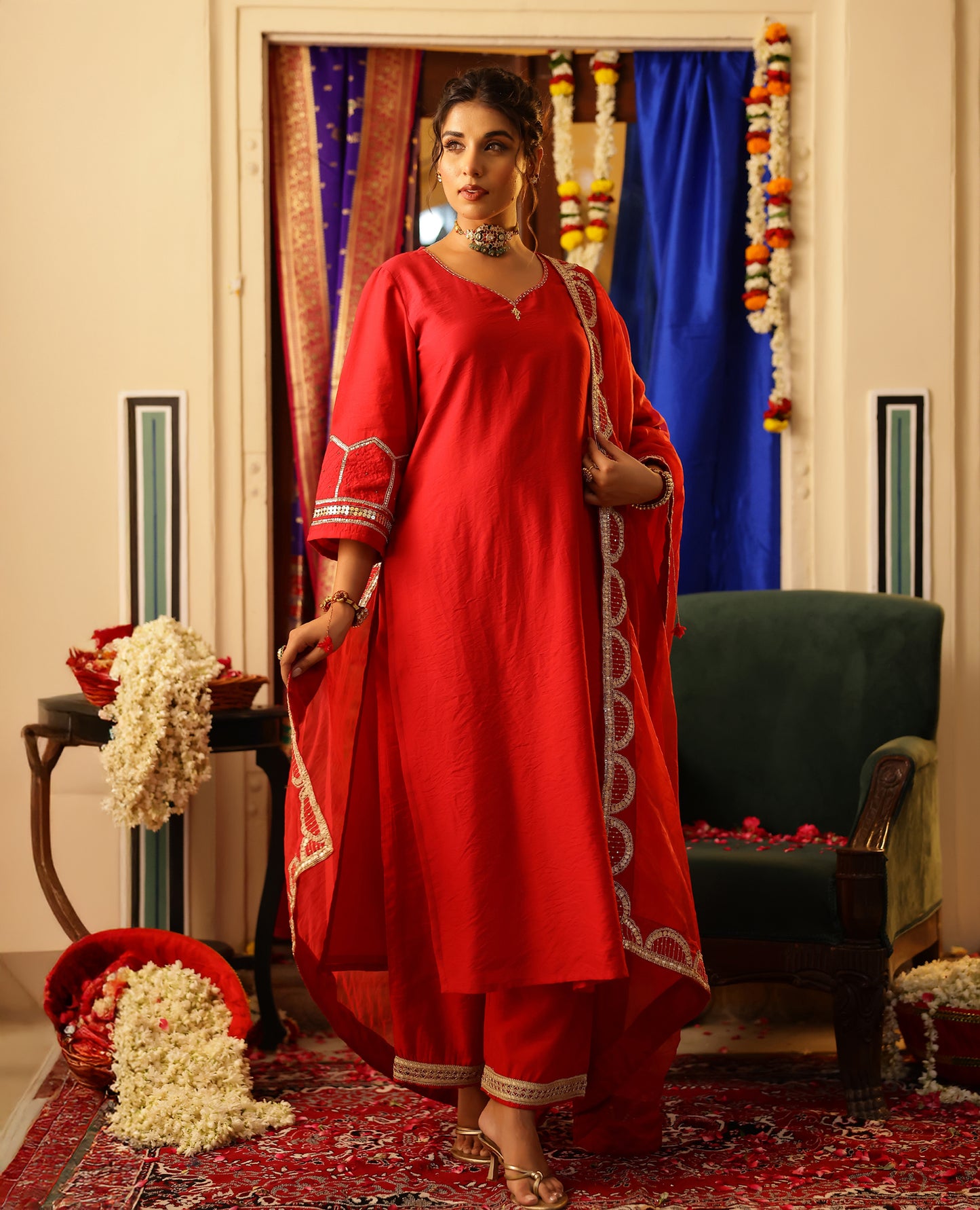 Parcha Red Chanderi Suit Set