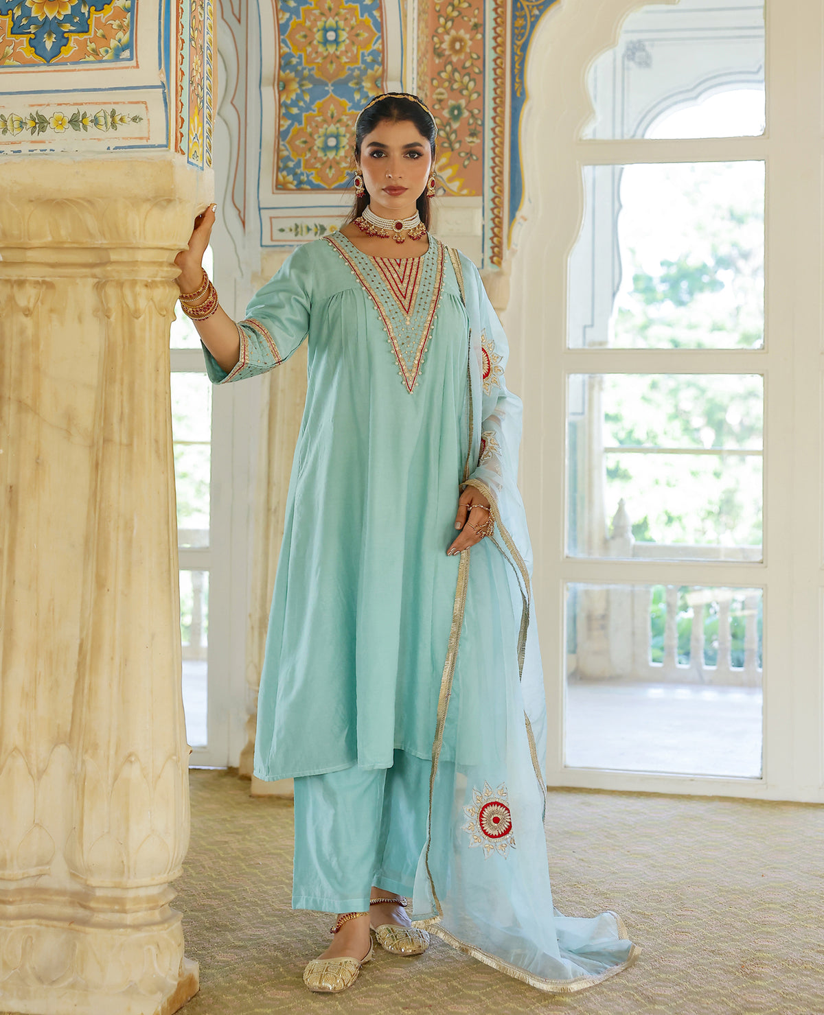 Aabroo Blue Chanderi Suit Set