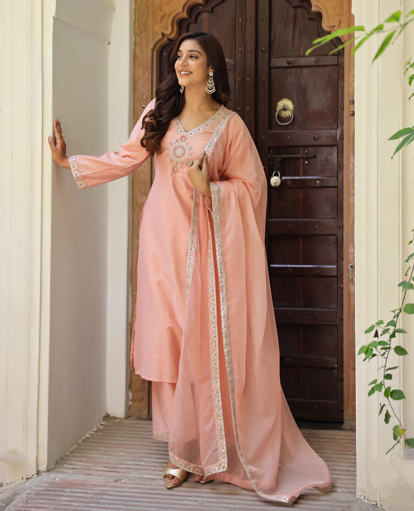 Roohani Peach Chanderi Suit Set
