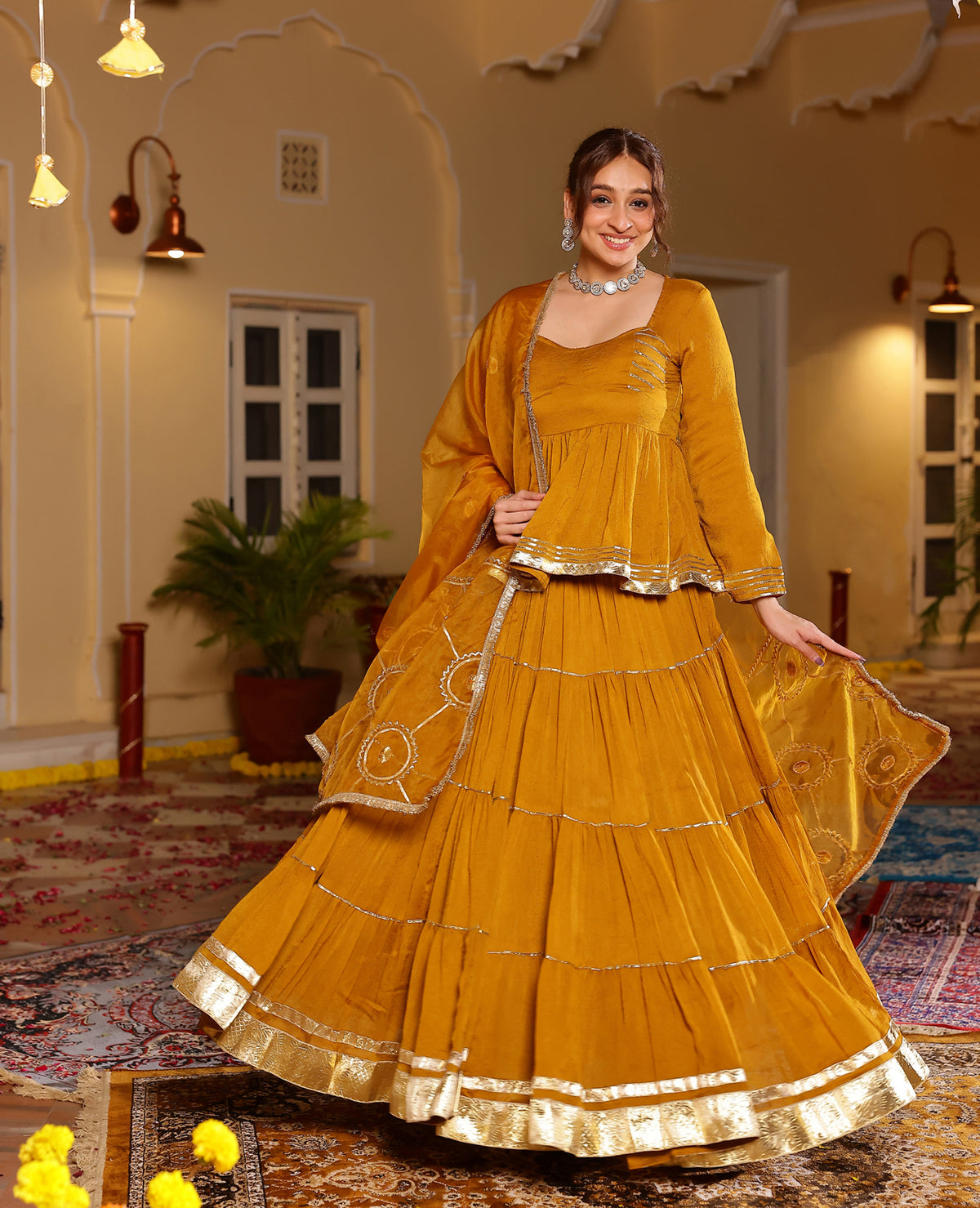 Madhavi Mustard Tissue Lehenga Set