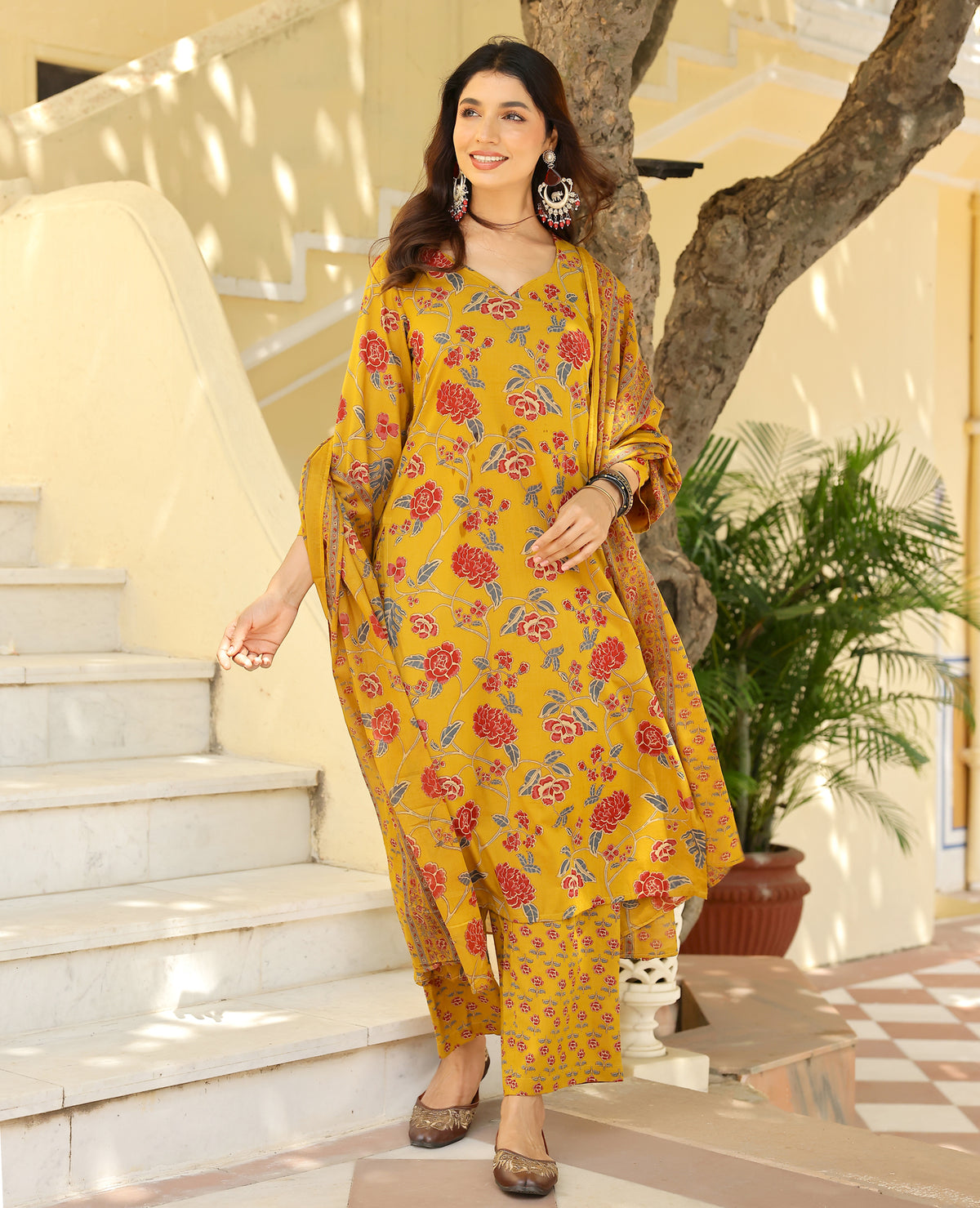 Abha Mustard Printed Cotton Suit Set