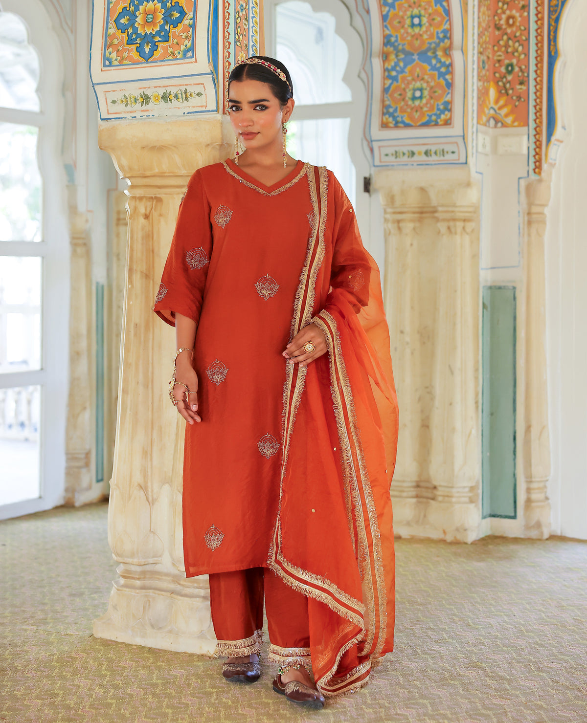 Sajda Burnt Orange Chanderi Suit Set