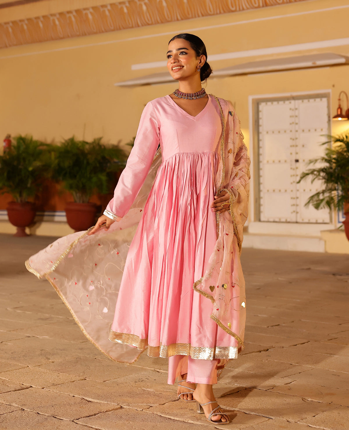 Taana Pink Chanderi Suit Set