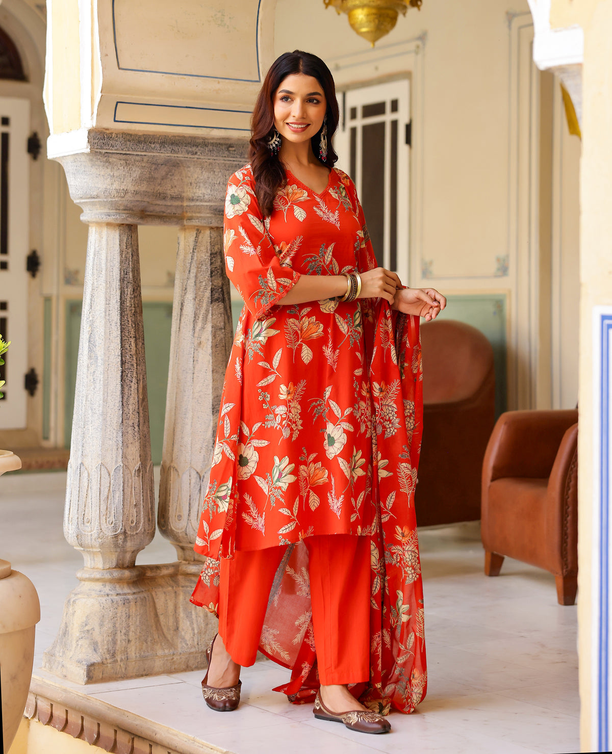 Rumi Orange Printed Cotton Suit Set