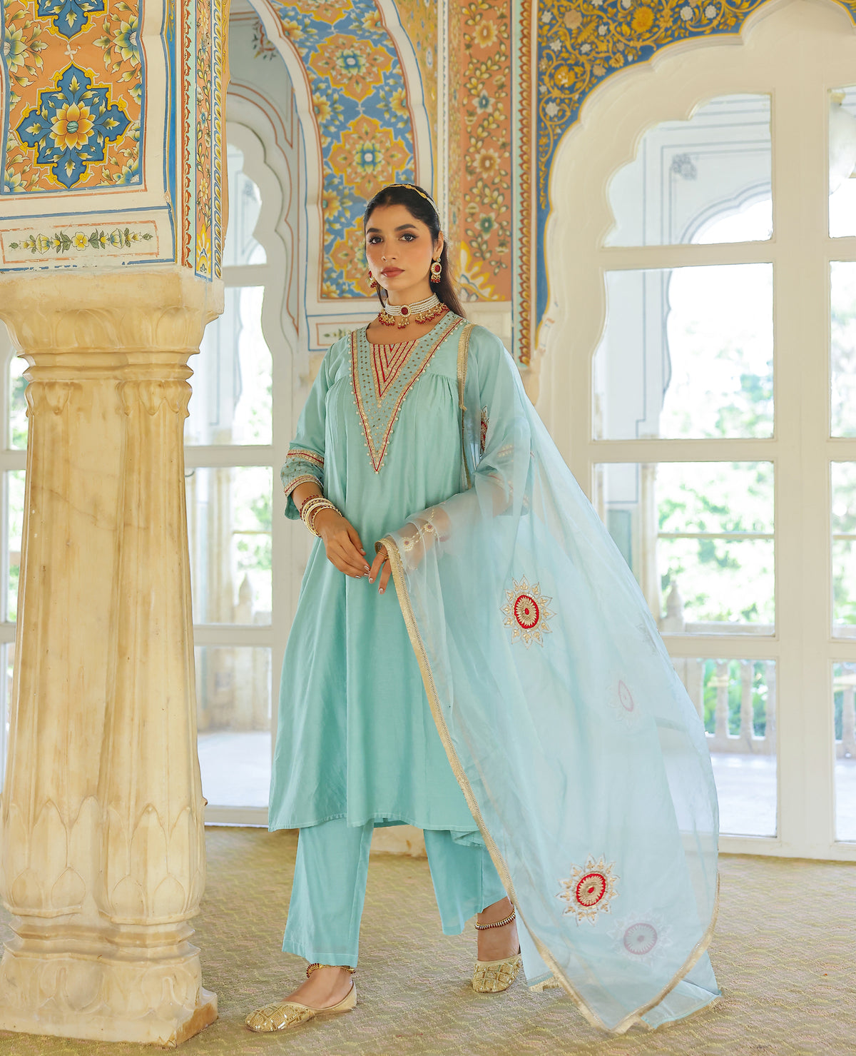 Aabroo Blue Chanderi Suit Set