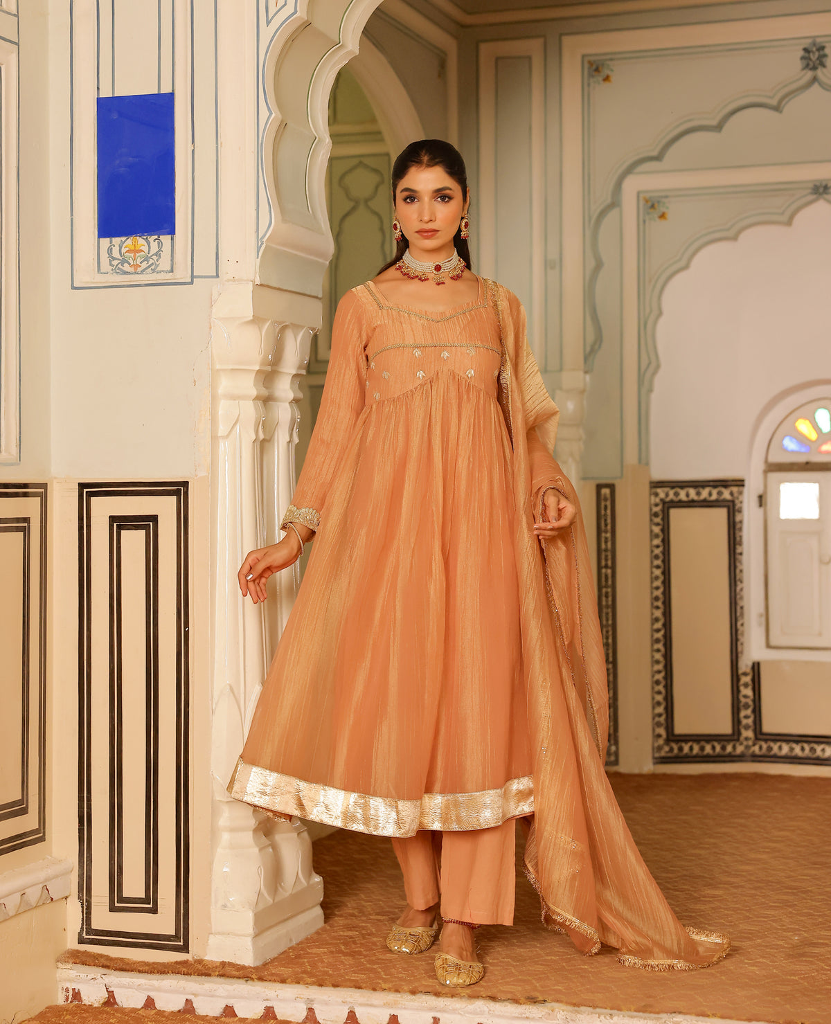 Avika Peach Tissue Suit Set
