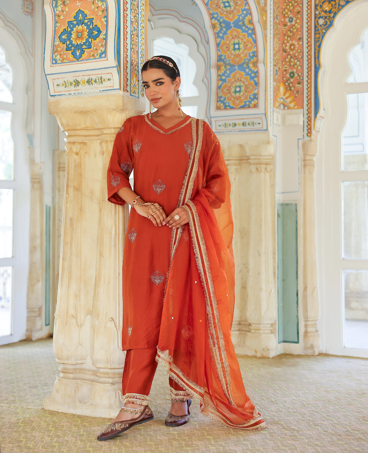Sajda Burnt Orange Chanderi Suit Set
