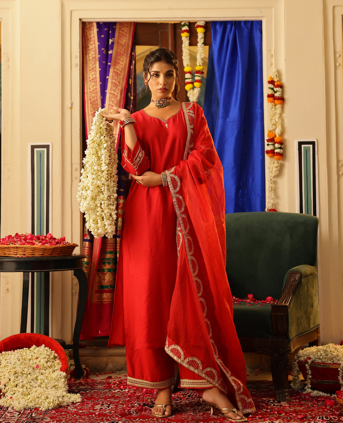 Parcha Red Chanderi Suit Set