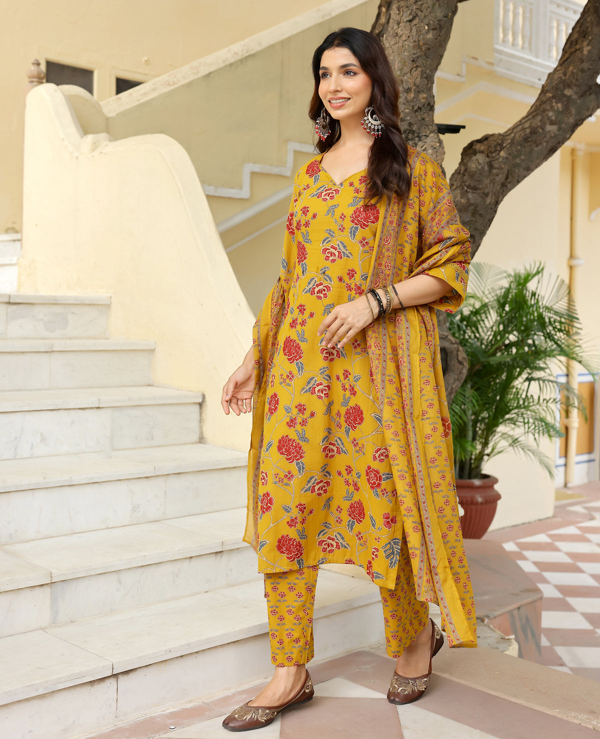 Abha Mustard Printed Cotton Suit Set