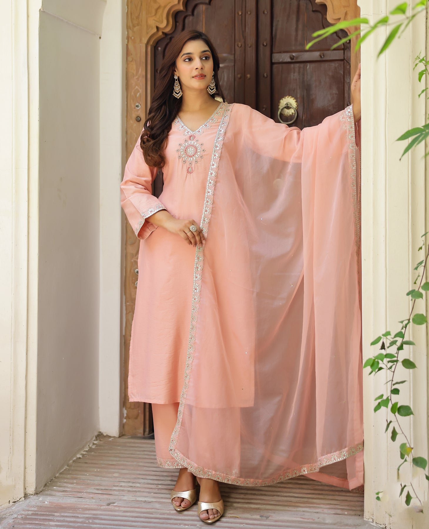 Roohani Peach Chanderi Suit Set