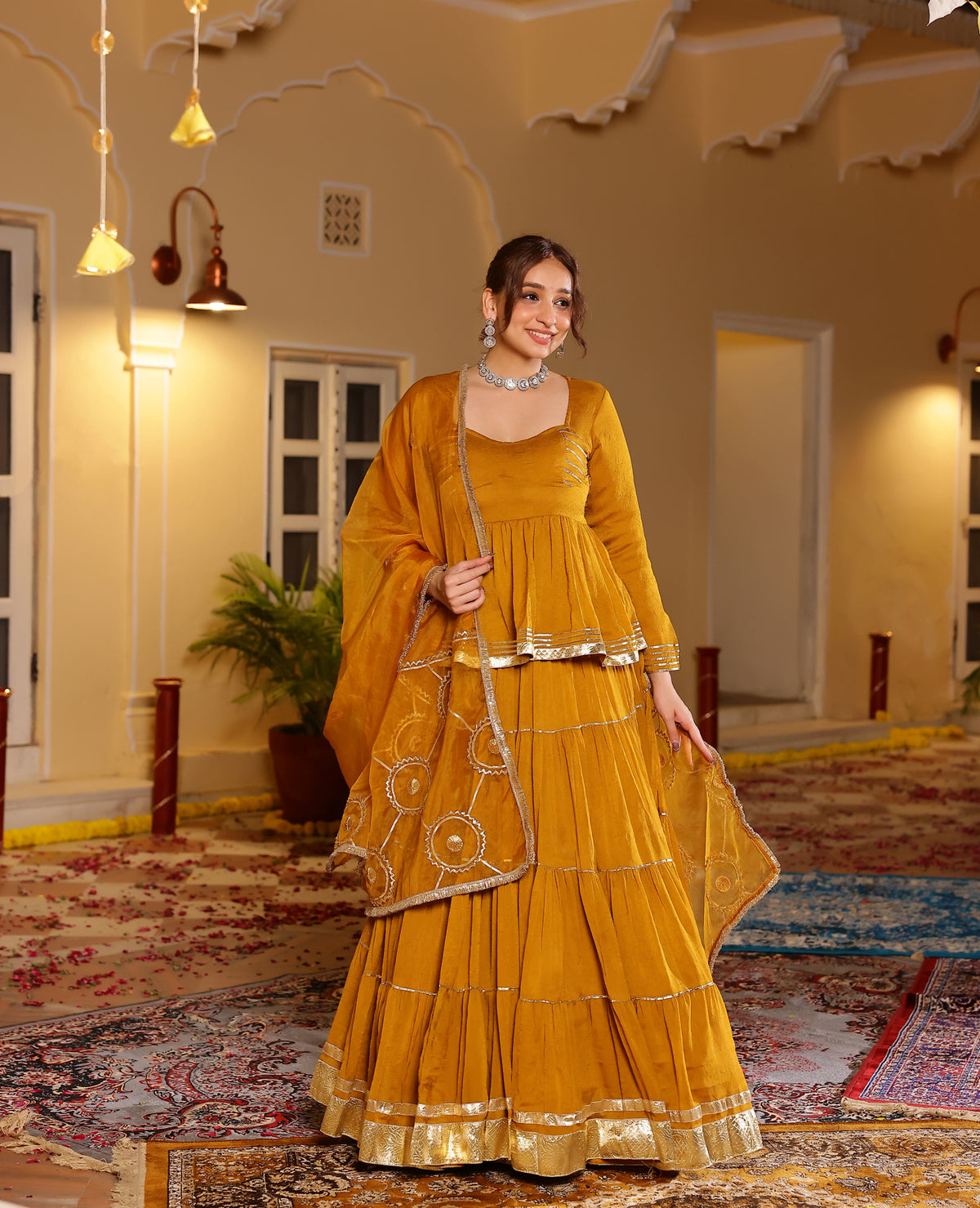 Madhavi Mustard Tissue Lehenga Set
