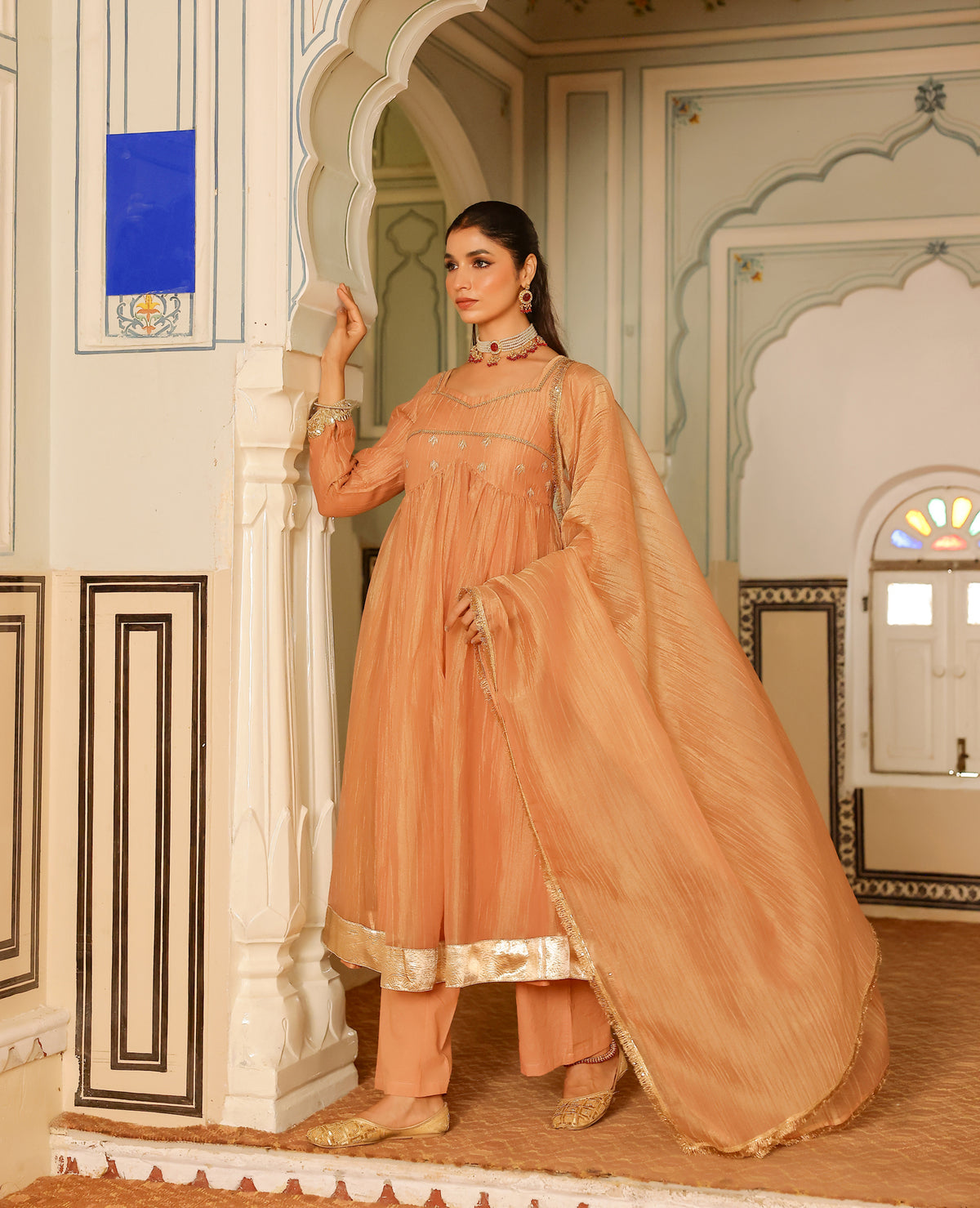 Avika Peach Tissue Suit Set