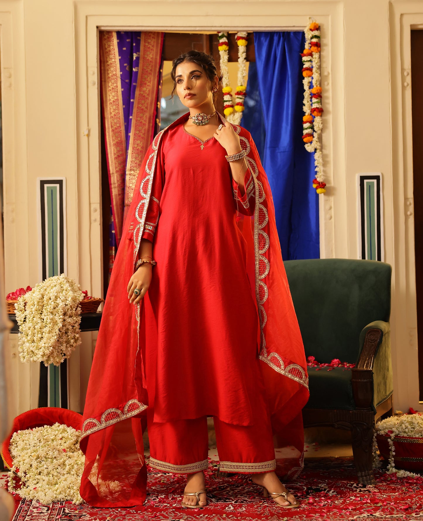 Parcha Red Chanderi Suit Set