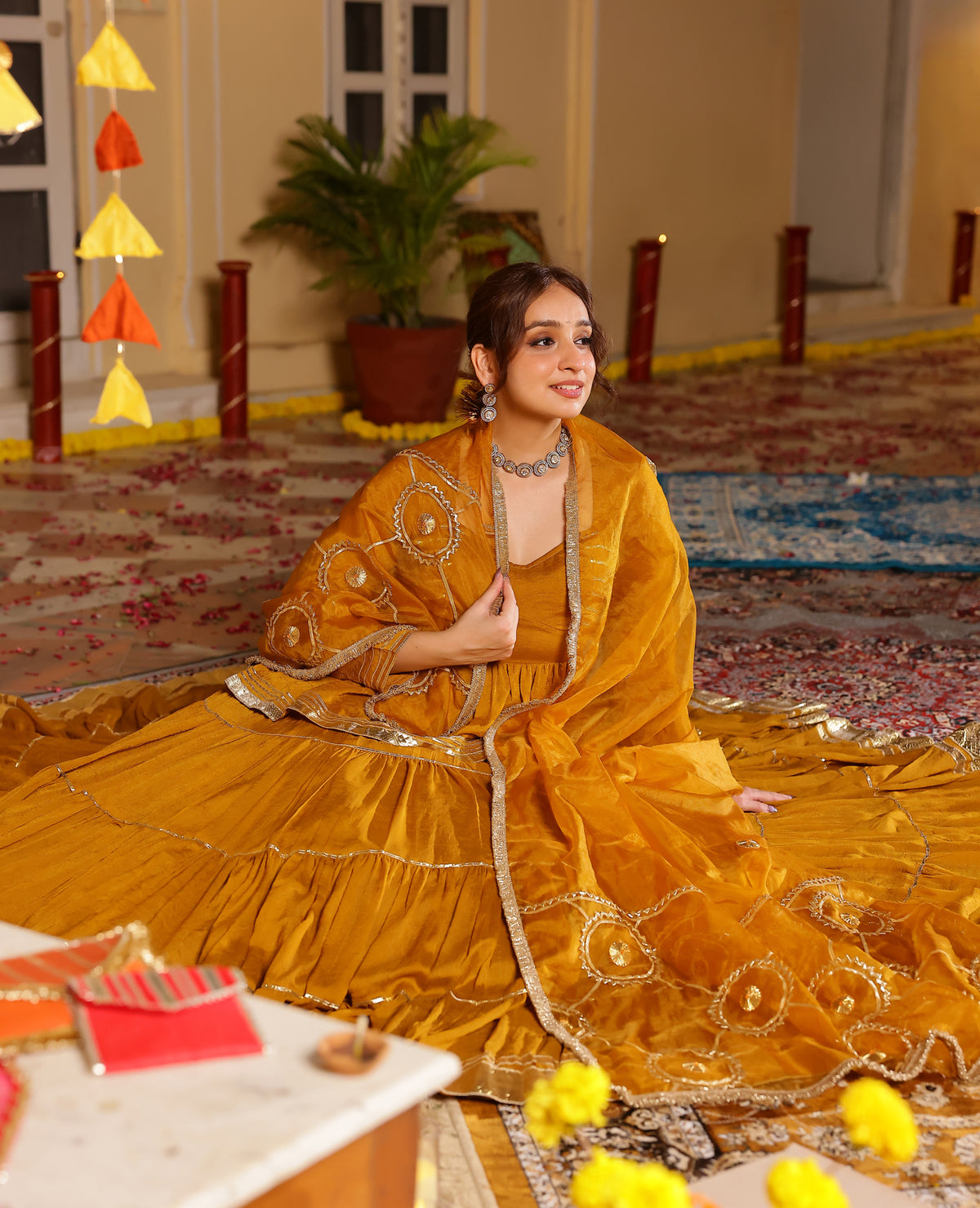 Madhavi Mustard Tissue Lehenga Set