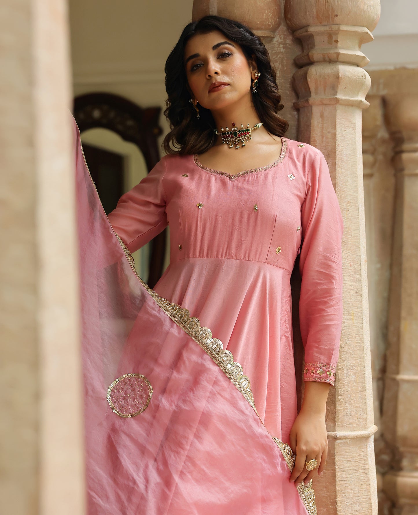 Leher Rose Pink Chanderi Suit Set