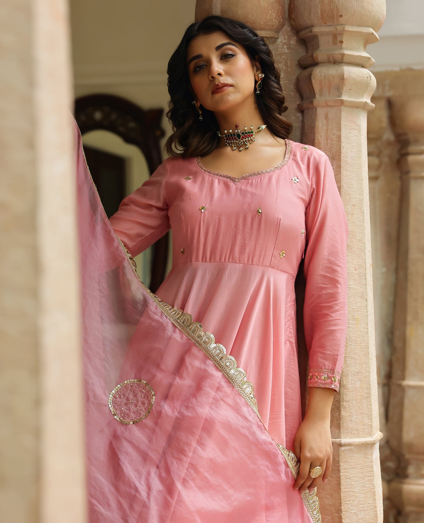 Leher Rose Pink Chanderi Suit Set