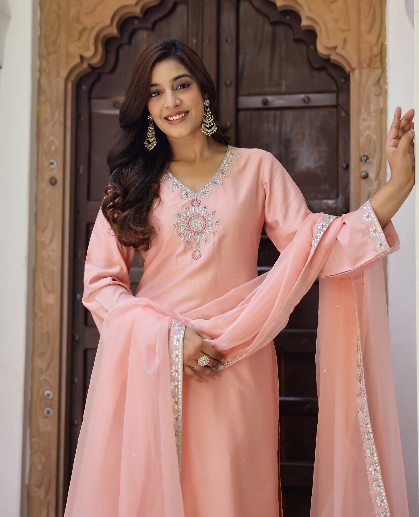 Roohani Peach Chanderi Suit Set