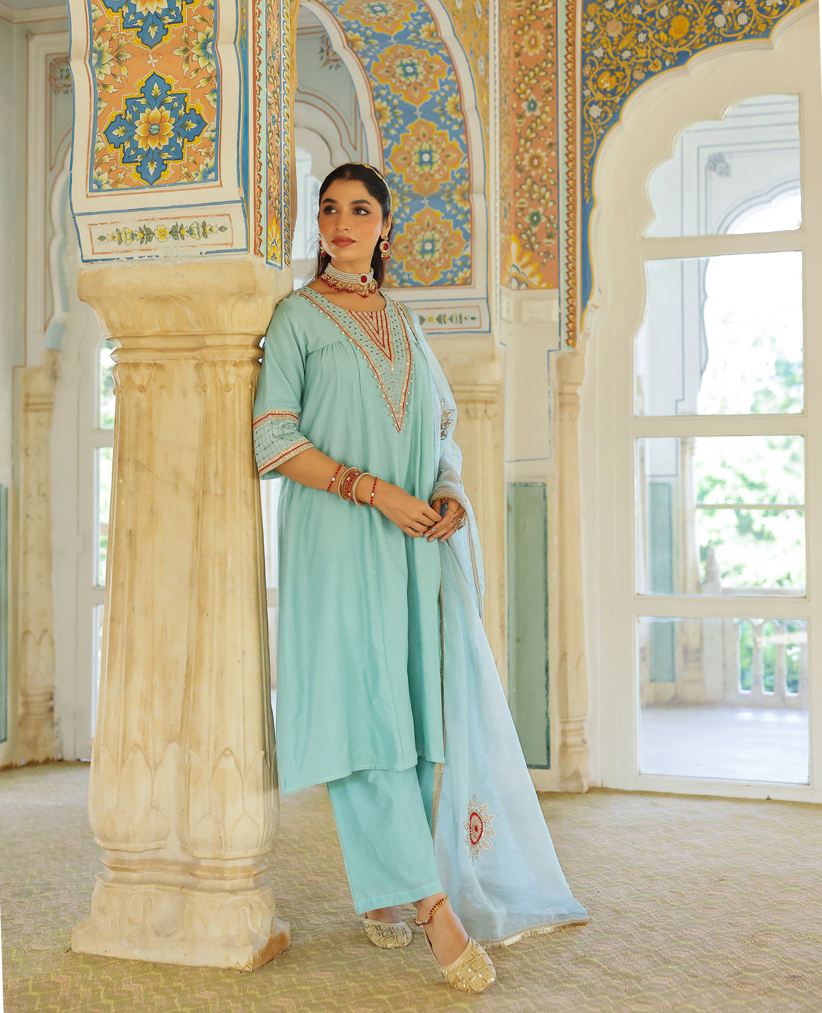 Aabroo Blue Chanderi Suit Set