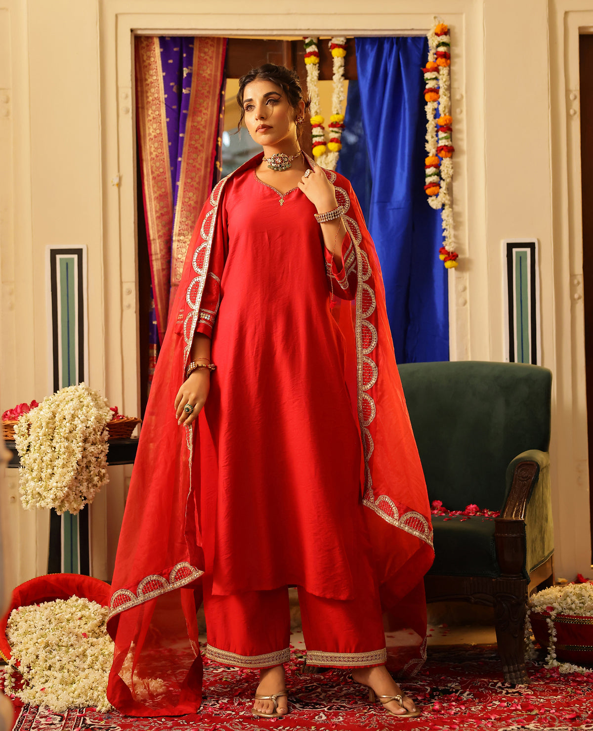 Parcha Red Chanderi Suit Set