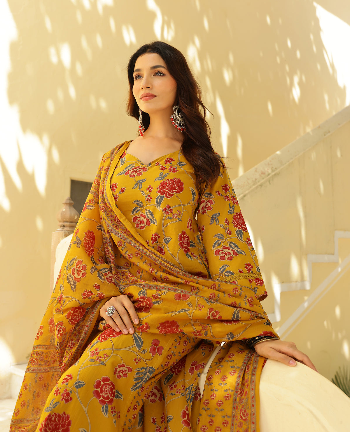 Abha Mustard Printed Cotton Suit Set