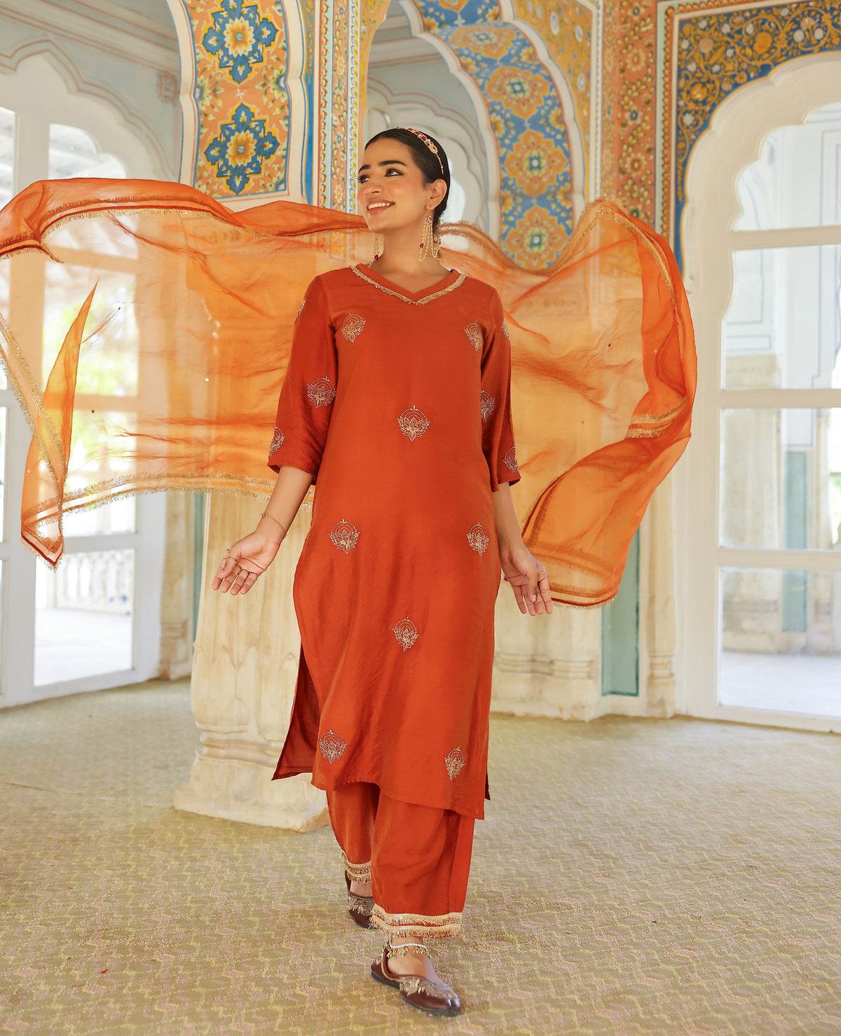 Sajda Burnt Orange Chanderi Suit Set