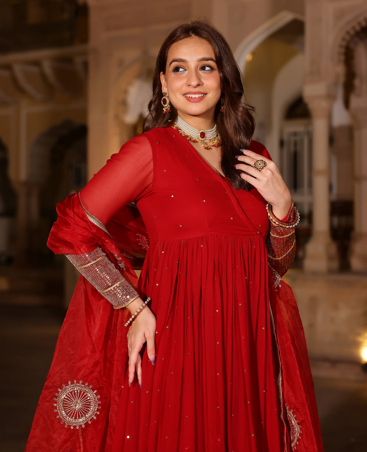 Kumud Red Georgette Suit Set