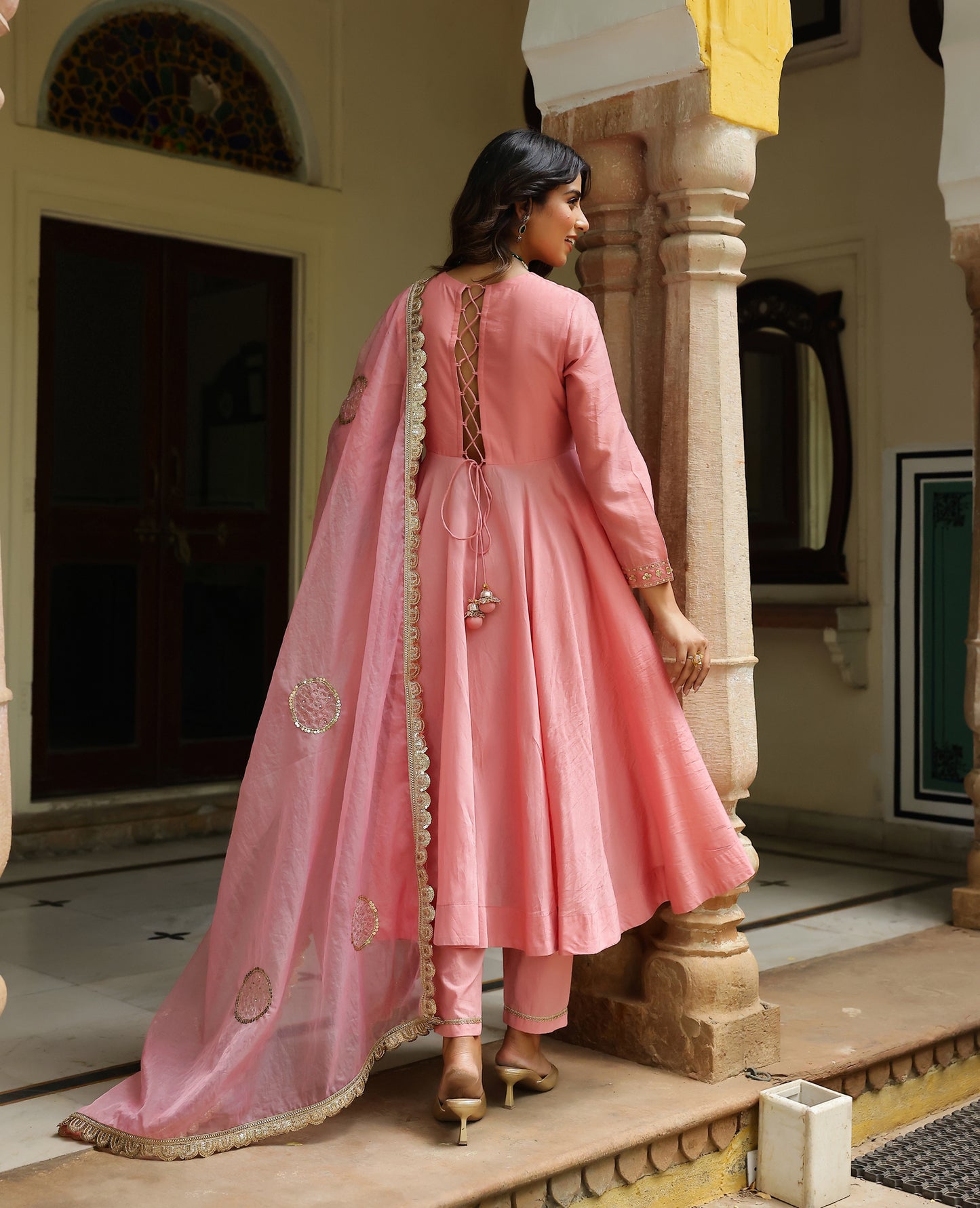 Leher Rose Pink Chanderi Suit Set
