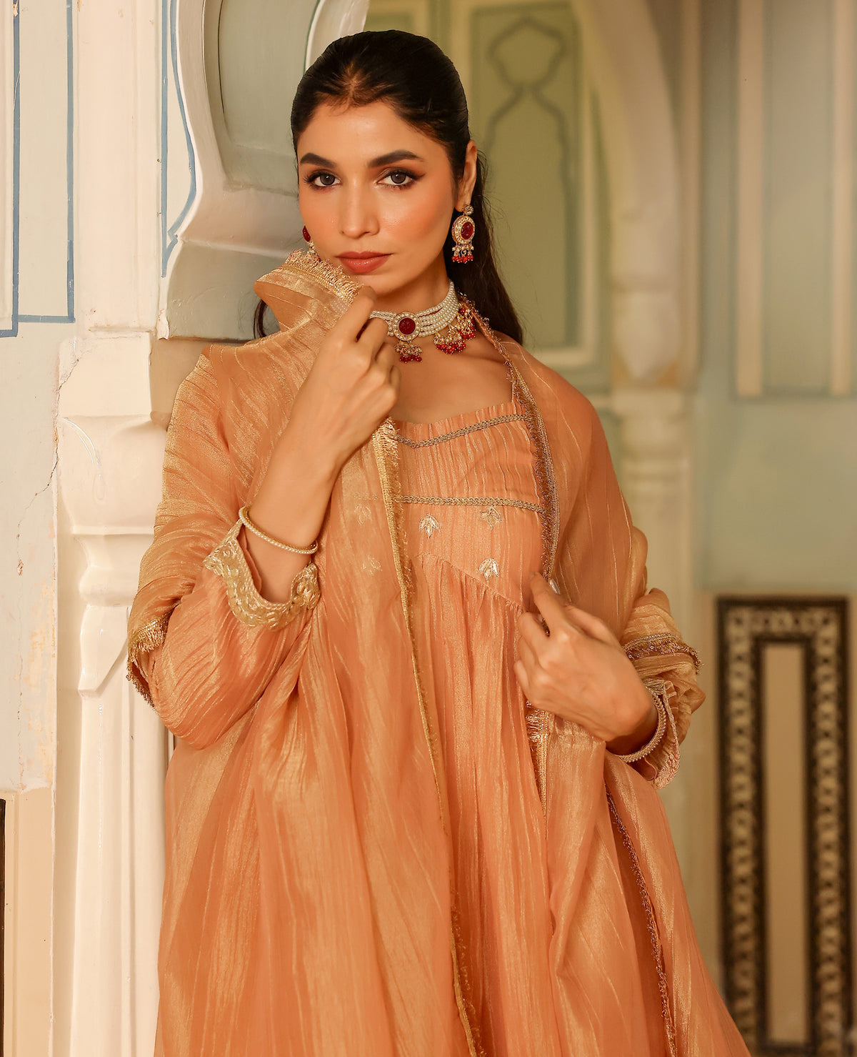 Avika Peach Tissue Suit Set