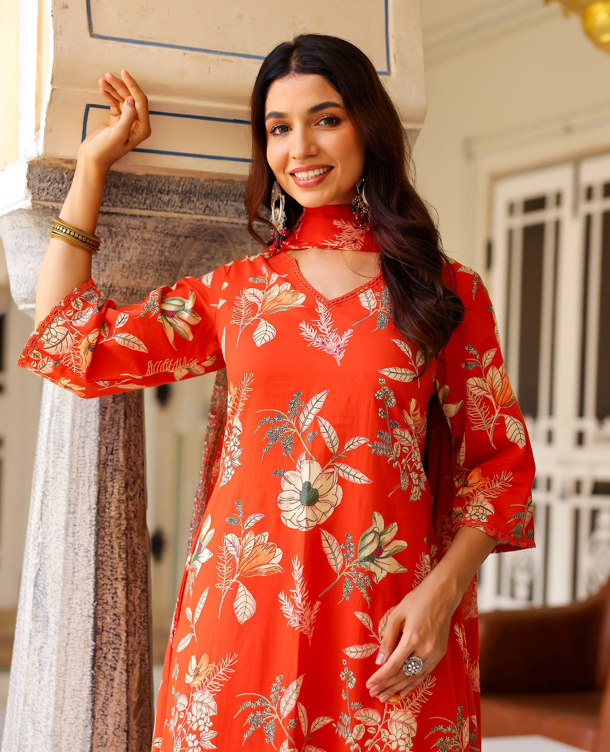 Rumi Orange Printed Cotton Suit Set