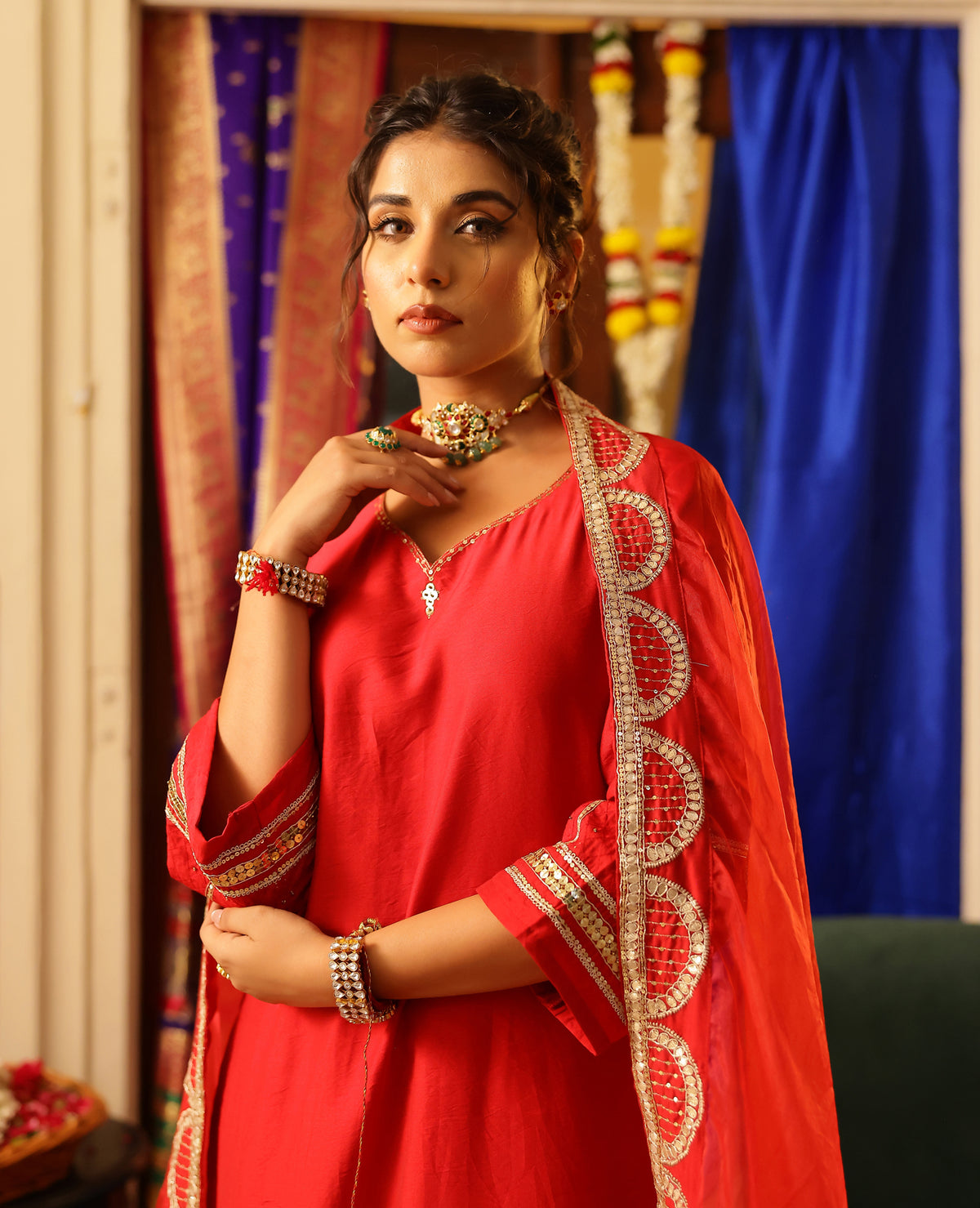 Parcha Red Chanderi Suit Set
