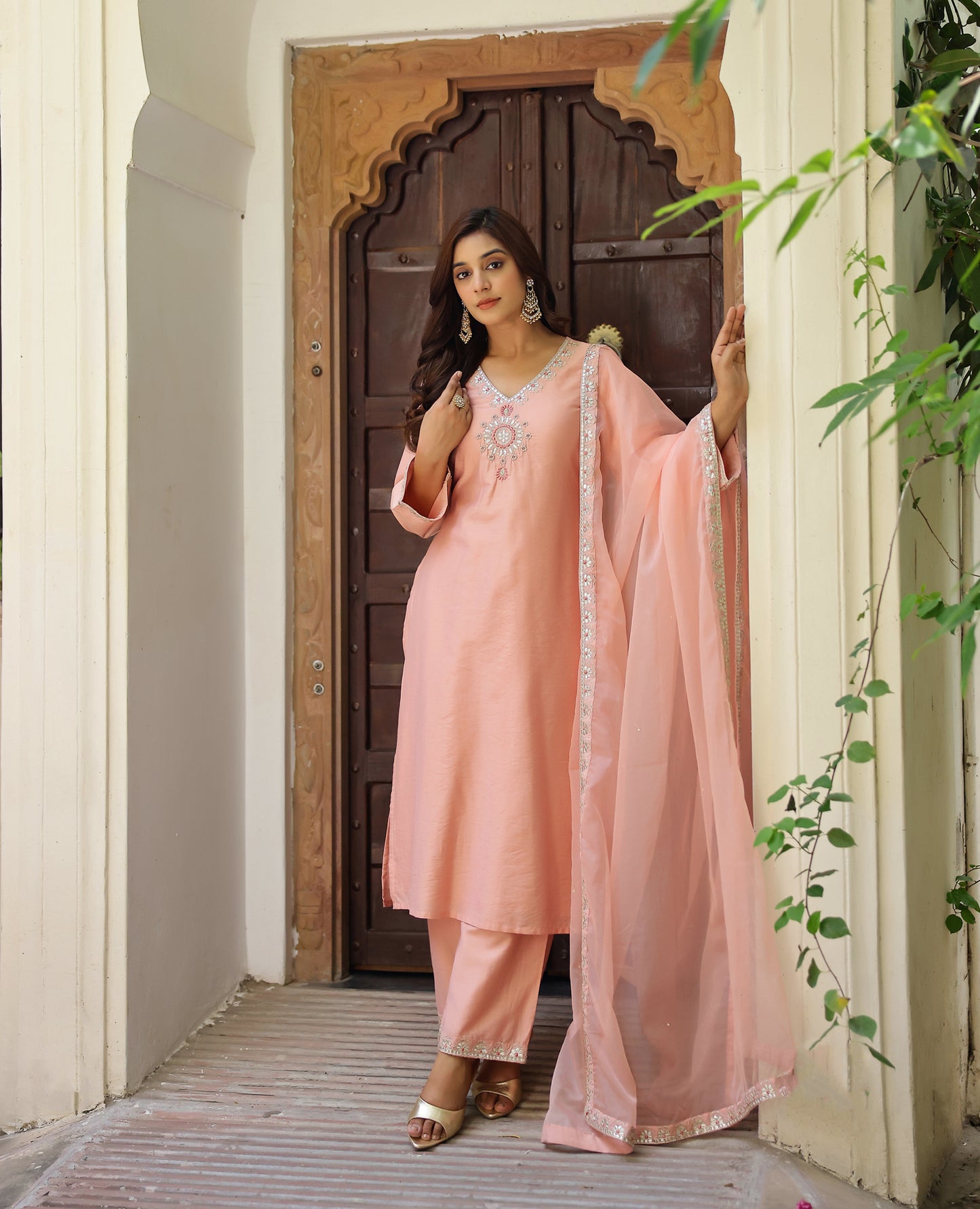 Roohani Peach Chanderi Suit Set