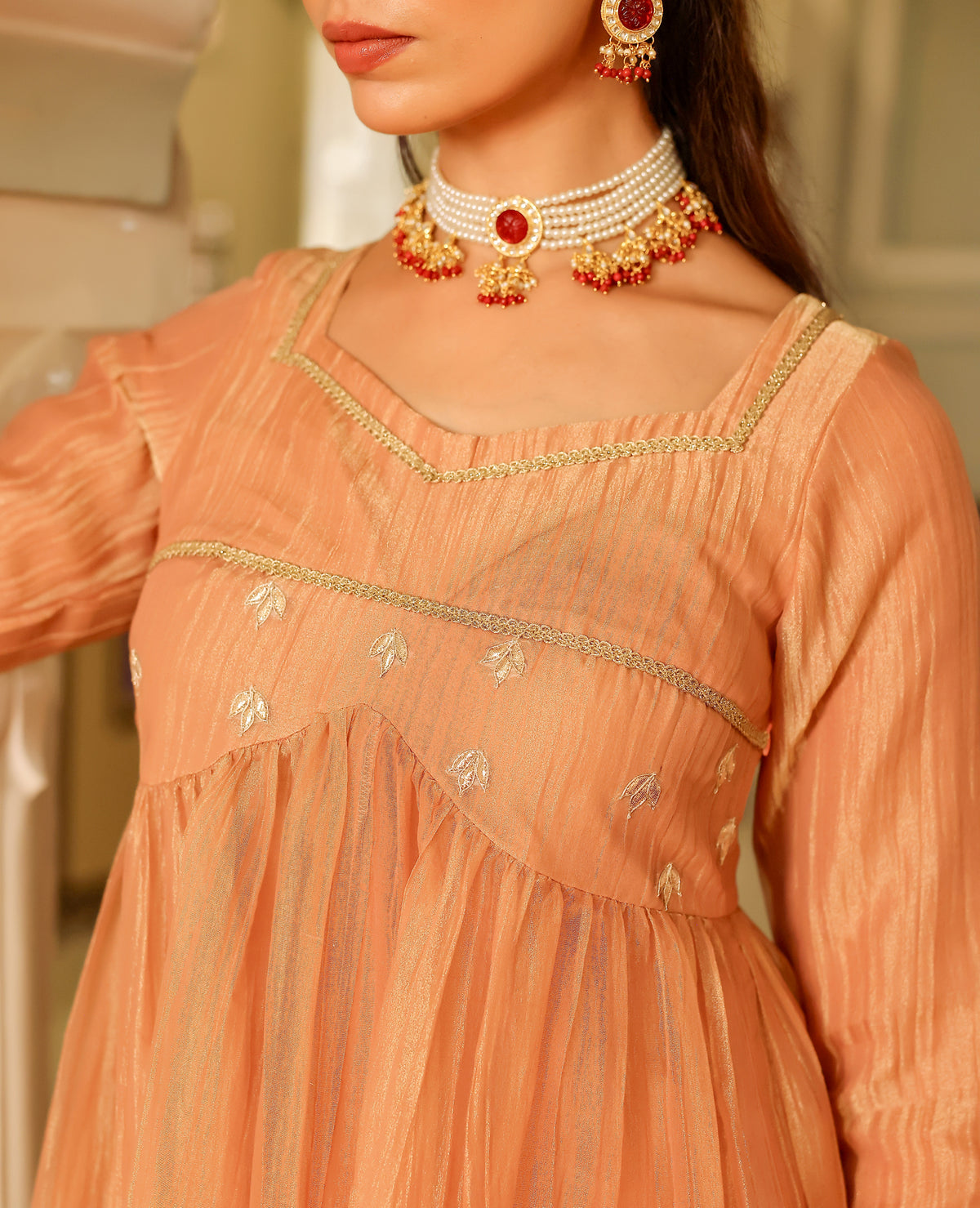 Avika Peach Tissue Suit Set