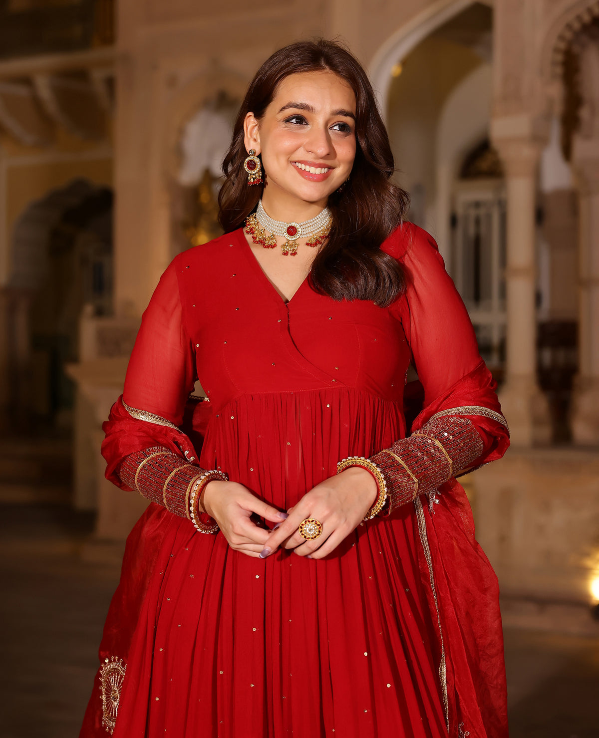 Kumud Red Georgette Suit Set