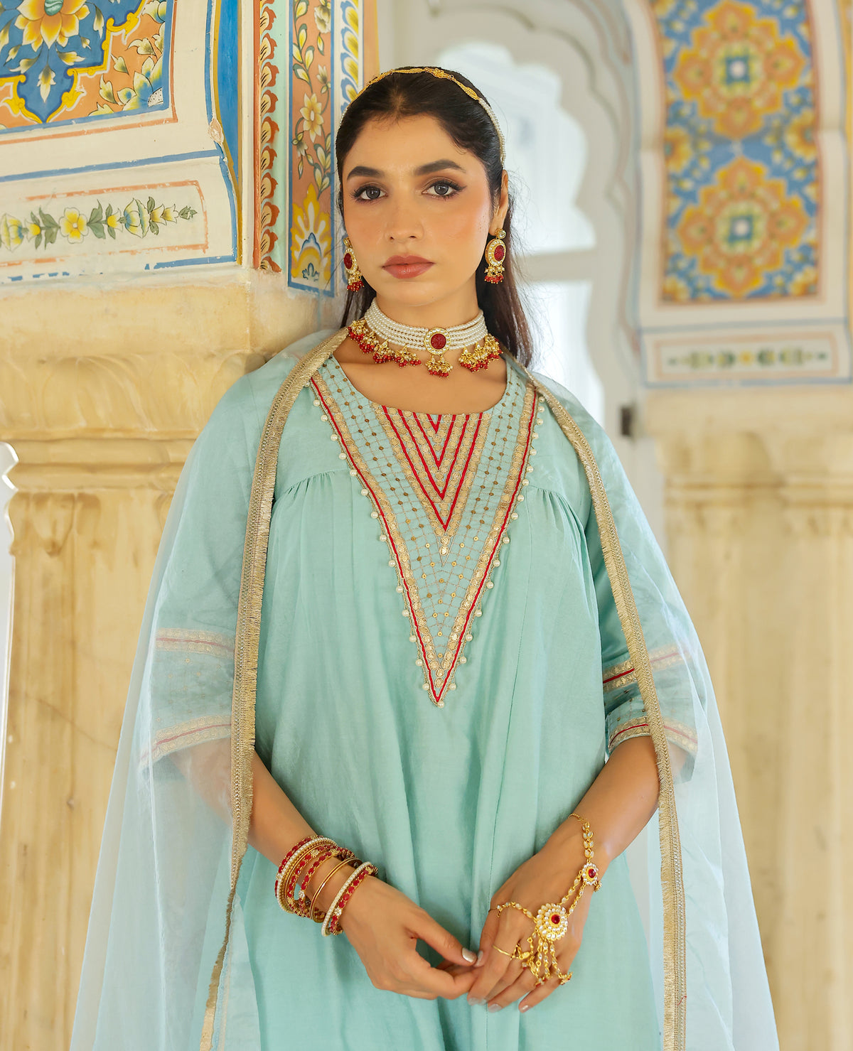Aabroo Blue Chanderi Suit Set