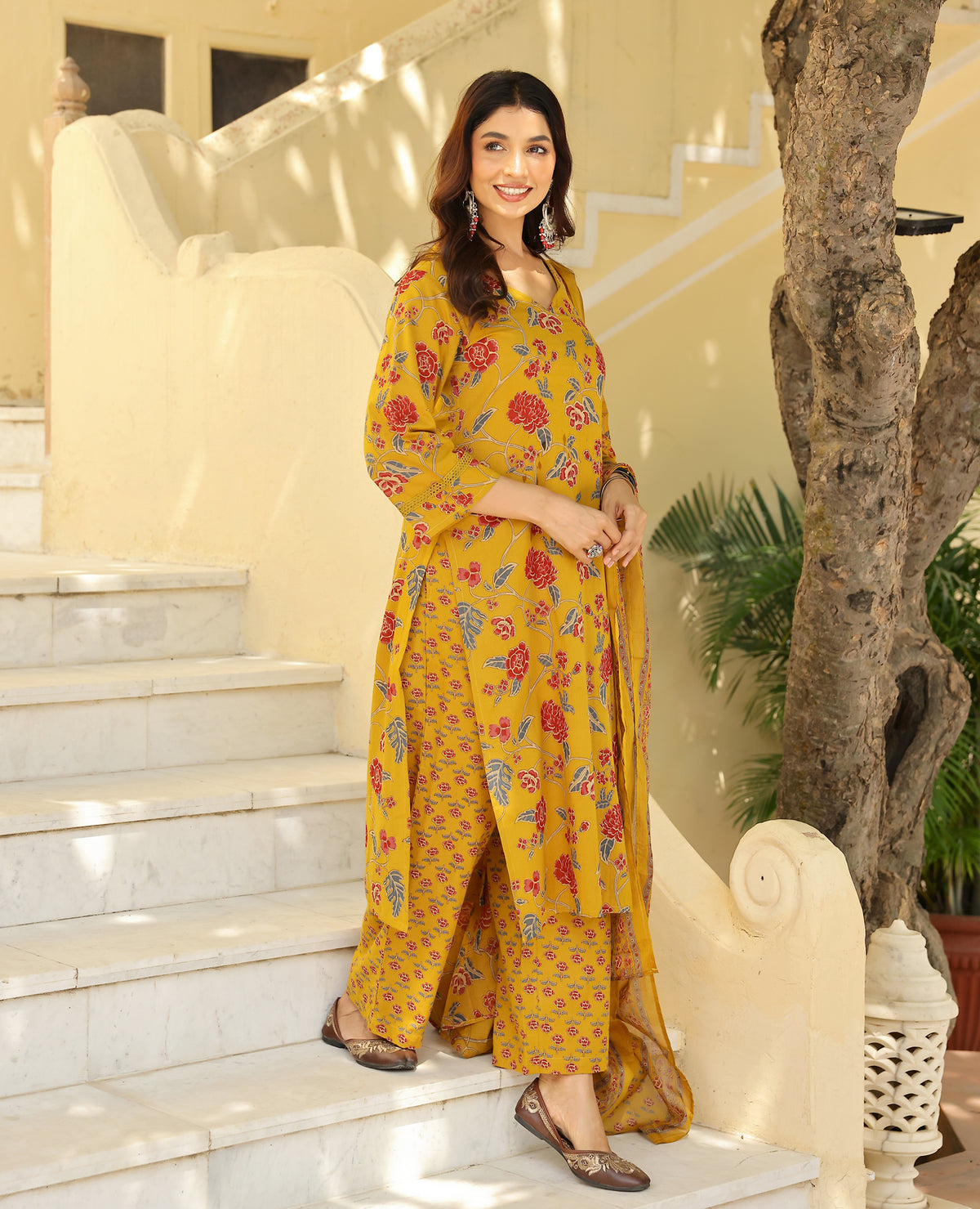 Abha Mustard Printed Cotton Suit Set