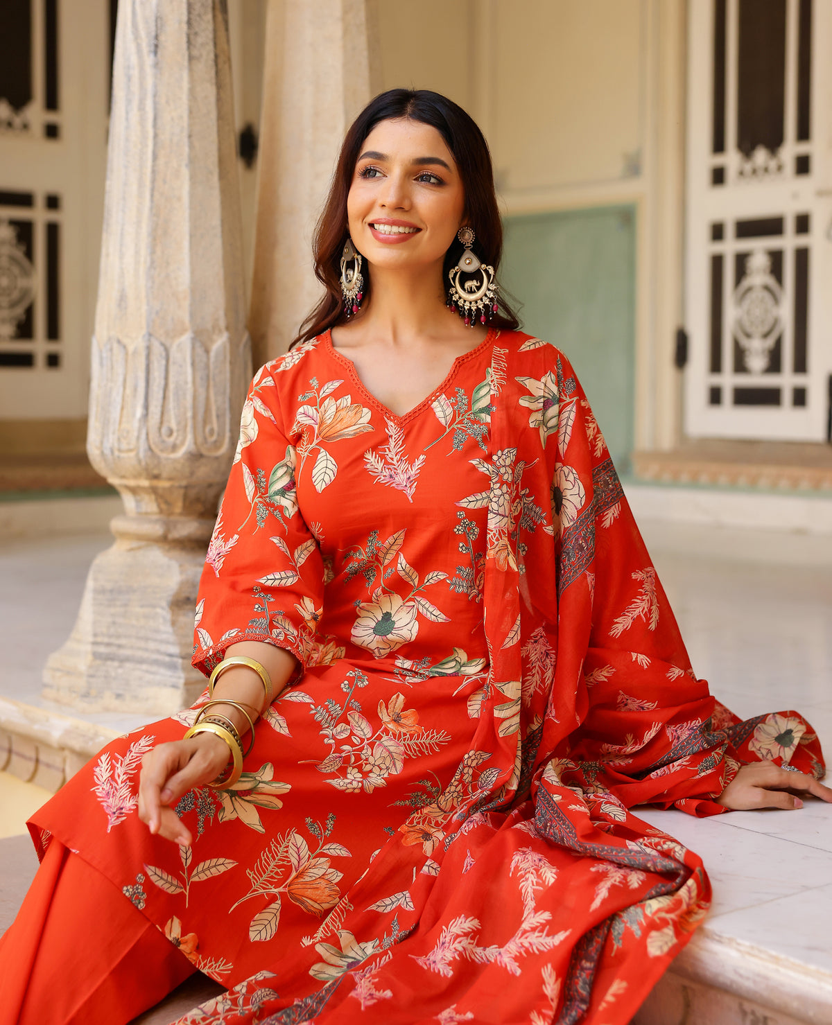 Rumi Orange Printed Cotton Suit Set