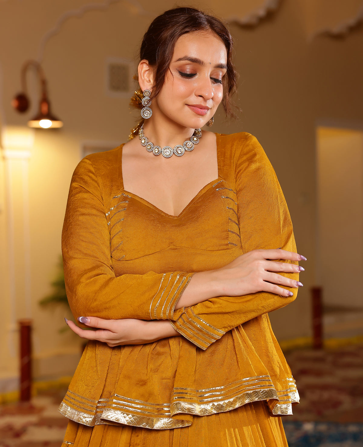 Madhavi Mustard Tissue Lehenga Set