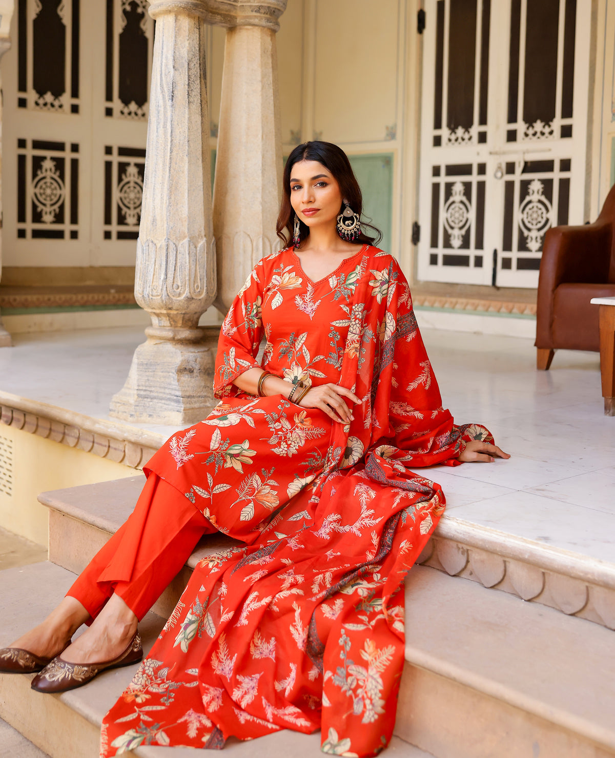Rumi Orange Printed Cotton Suit Set