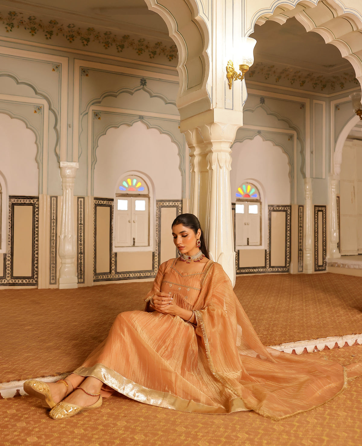 Avika Peach Tissue Suit Set