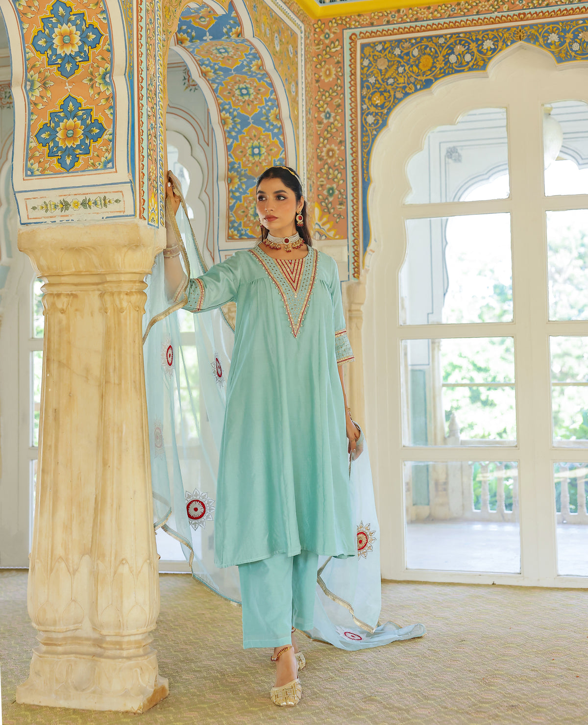 Aabroo Blue Chanderi Suit Set