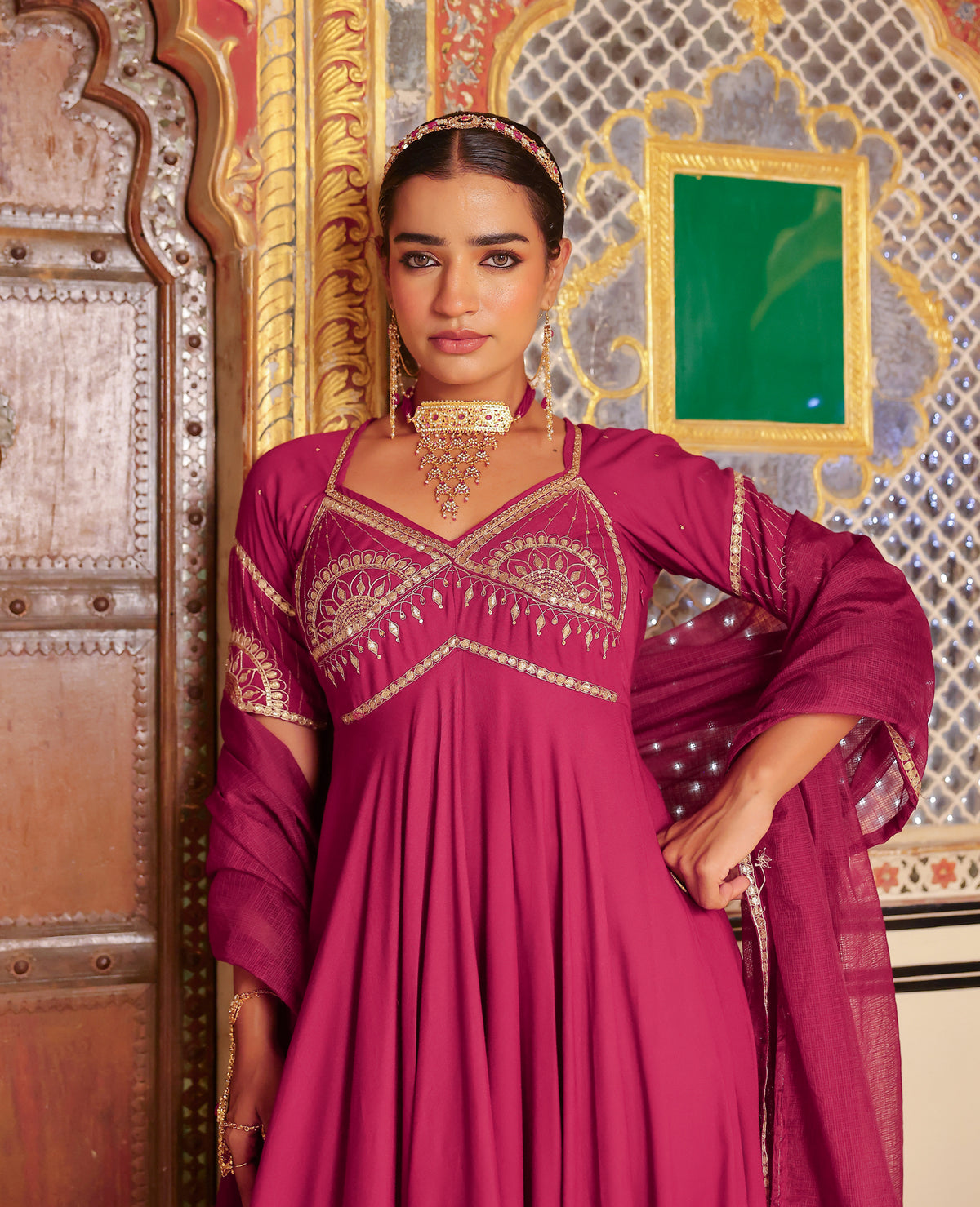 Raaj Wine Rayon Aangi Suit Set